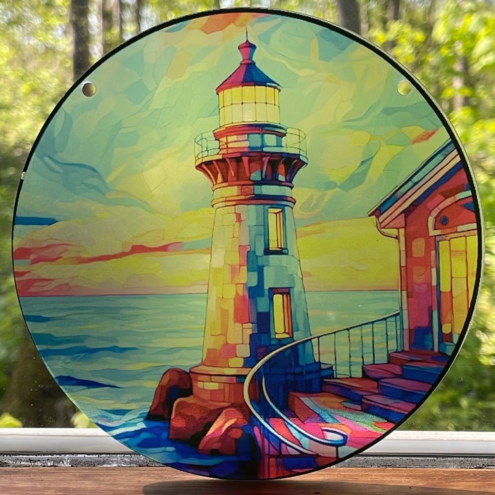 Suncatcher Acrylic Lighthouse Ocean Nautical Decor Faux Stained Glass Gifts 6”